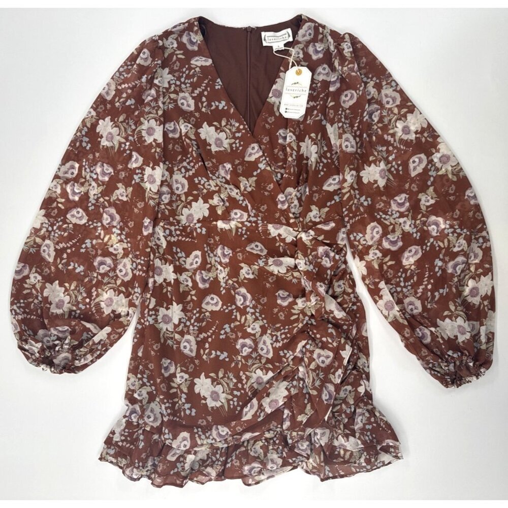 Loveriche Dress Womens Small Brown Floral Ruffle Lined Elastic Waist Boho NEW